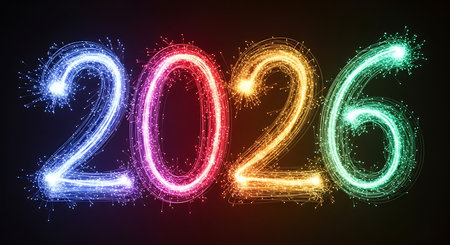 2026 number formed by colorful sparks on black background. Vibrant blue, pink, red, orange, and green lights creating energetic display. Ideal for new year celebrations, festive events, or dynamic digital designs with abstract, glowing effect.の素材