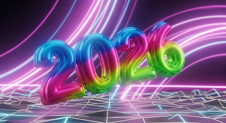Three-dimensional rendering of the year 2026 as shiny, iridescent balloon numbers in rainbow colors. The numbers float above an abstract geometric grid background illuminated by glowing pink and blue neon lights. This futuristic and vibrant image conveys a sense of modernity and celebration for the upcoming year.の素材
