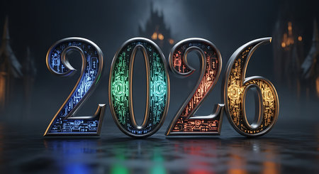 Stylized metallic numbers, forming 2026, are illuminated with vibrant, glowing circuit board patterns in blue, green, red, and orange. These futuristic numbers stand on a reflective dark surface against a blurred, dark background featuring distant architectural structures. It embodies innovation, technology, digital advancements, and a progressive vision for the year 2026.の素材