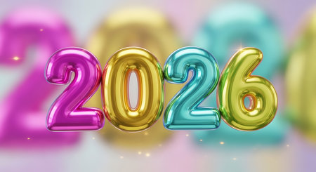 Vibrant and glossy balloon numbers brightly spell out 2026. A soft bokeh background enhances the celebratory mood, creating a festive and cheerful atmosphere. Each number has a distinct, eye-catching color, making the image pop. This conveys joy and excitement for upcoming events or new year. A playful, joyful and celebratory visual.の素材