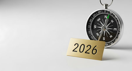 A silver compass with a black dial points its needle towards a golden plate inscribed with the year '2026'. The scene is set against a clean white background, emphasizing direction and future planning. This imagery symbolizes guidance, setting goals, and navigating towards the year 2026 with a clear sense of purpose.の素材