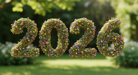2026 number beautifully crafted from vibrant flowers and lush green foliage, set against a soft focus natural garden background. This organic and lively design evokes feelings of spring, nature, growth, and renewal. Perfect for themes celebrating the environment, fresh starts, and the beauty of the natural world.の素材