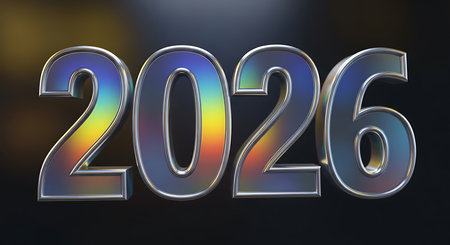 2026 3D metal numbers with striking rainbow gradient reflection on dark background. Captivating visual with iridescent sheen, suitable for modern design projects. Represents future, technology, and stylish presentation of upcoming year.の素材