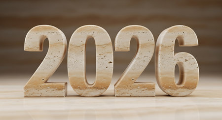The year 2026 carved in natural stone, resting on a light marble background. The textured stone numbers have a rustic yet elegant appearance, with subtle variations in color and grain. Soft, diffused lighting highlights the contours and depth of the carving. A clean and minimalist aesthetic, conveying a sense of timelessness and solidity. Perfect for representing future plans or milestones with a grounded, organic feel. Architectural and sculptural quality.の素材