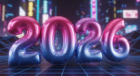 Gradient inflatable balloons shaped as the numbers 2026, glowing with pink to blue colors. Set against a dark, futuristic cyber city backdrop with neon lights and a grid pattern, conveying a sense of innovation and digital advancement. Ideal for new year events, tech industry content, or future-themed designs.の素材