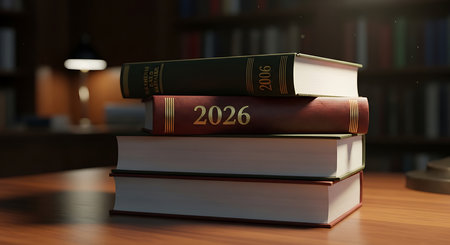 2026 number on red book spine in stack of books in traditional library setting. Image evokes sense of knowledge, history, and future academic pursuits. Represents new year for learning, research, or historical events, suitable for educational themes.の素材