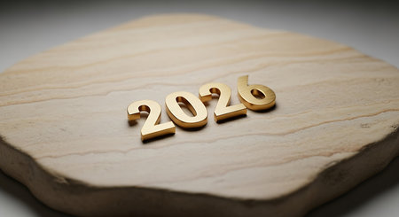 Golden 2026 numbers resting gently on a natural, light-colored stone surface. Soft, diffused lighting highlights the metallic texture of the numbers and the subtle patterns of the rock. Minimalist and elegant representation of the year, symbolizing stability and nature.の素材