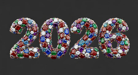 Vibrant and glittering numbers, forming 2026, are meticulously crafted from an assortment of colorful gemstones and sparkling diamonds. Each number shines against a neutral dark gray background, highlighting the rich hues and facets of the precious stones. This dazzling display represents celebration, luxury, prosperity, and a bright future for the upcoming year.の素材