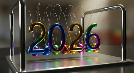 Vibrant, metallic 2026 numbers in a Newton's cradle, designed as spheres. Motion blur effect on the swinging spheres suggests energy and continuous movement. Each number is distinctively colored, adding a playful and dynamic element. This image symbolizes progress, balance, and the passage of time. A visually engaging and colorful representation.の素材