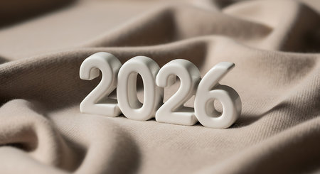 2026 white ceramic number displayed prominently on draped soft beige wool fabric background. This image symbolizes upcoming year, comfort, and luxury. Represents new beginnings, future events, and timeless elegance for various projects.の素材