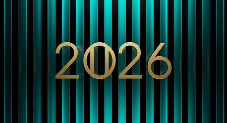 2026 number prominently displayed in elegant gold letters against a striking background of teal and black vertical stripes. This sophisticated design combines classic gold typography with modern striped pattern, creating visually appealing and refined aesthetic. Ideal for themes of success, future, and celebration.の素材