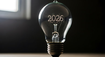 2026 number glowing brightly inside a classic, clear light bulb, symbolizing new ideas, innovation, and inspiration for the upcoming year. The dark, atmospheric background highlights the illuminated filament and numbers, creating a sense of clarity and potential. This image is perfect for themes of creativity, future, and thought.の素材