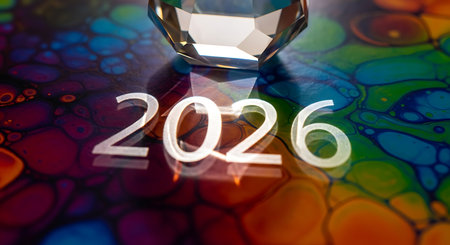 2026 text casting shadow under a transparent diamond, positioned on a vibrant, colorful abstract background. Surface features a swirling pattern of blues, greens, yellows, and oranges. Crystal-clear gemstone adds elegance, reflecting light onto the numbers. Bright and cheerful composition with a luxurious touch. The year 2026 stands out with a shimmering, ethereal quality. A blend of modern design and artistic abstraction.の素材