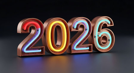 2026 neon light wooden numbers on dark background. Vibrant red, yellow, blue, and teal glow creating dynamic, futuristic visual. Perfect for representing new year, events, or celebrations with modern, energetic aesthetic in dark setting.の素材