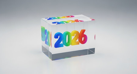 Transparent glass cube encasing rainbow-colored 2026 numbers, presented on a pristine white background. The numbers are rendered in vibrant hues, reflecting and refracting light through the clear material of the cube. This image symbolizes clarity, innovation, and a colorful outlook for the year 2026.の素材