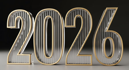 Stylish 2026 numbers are crafted from ribbed glass with gold trim. Set against a sleek dark background, the numbers exude modern elegance and sophistication. The clear glass texture catches light, creating interesting reflections and shadows. This design is perfect for corporate branding, luxury events, or contemporary new year celebrations.の素材