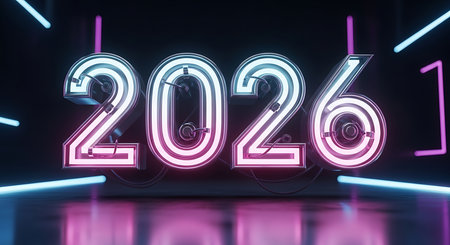 2026 new year celebration, vibrant neon lights create a futuristic atmosphere. Reflective surface enhances electric glow. Modern aesthetic with bright colors and clean design. Number 2026 stands out prominently, ready for new year festivities. Dynamic visual appeal of glowing signage for upcoming year.の素材