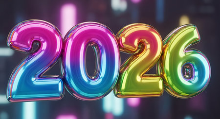Three-dimensional, glossy 2026 balloon numbers, rendered in a striking iridescent and rainbow color scheme with vibrant reflections. The numbers stand out against a softly blurred background of abstract, colorful lights. This playful and celebratory image symbolizes the arrival of a new year or special occasion.の素材