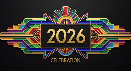 Art deco design featuring the year 2026 in gold numbers, celebrating the upcoming year. Elegant symmetrical pattern with vibrant colors and geometric shapes, framed in gold. Festive and luxurious graphic ideal for new year events, greeting cards, and special announcements.の素材