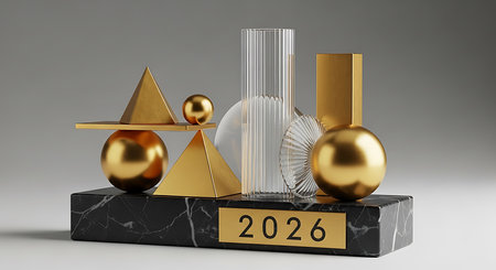 2026 year on a modern minimalist abstract trophy stand. featuring geometric shapes in gold, clear glass, and marble textures. a sophisticated symbol of achievement or future success. ideal for awards, corporate recognition, or commemorative events.の素材