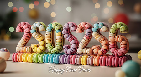Happy new year 2026 message, created with colorful macarons. Each number is formed by an array of pastel-colored macarons, sitting on a base of rainbow-stacked macarons. The sweet treat arrangement is set against a blurred background of festive lights, creating a cheerful and delightful scene. This unique design symbolizes joy and sweetness for the new year.の素材