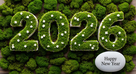 Celebrating upcoming new year 2026 with creative design elements. Green moss texture forms digits 2026, adorned with small white flowers. Set against a backdrop of natural green moss clusters and rustic wooden surface. White egg-shaped stone with 'Happy New Year' text completes festive arrangement.の素材