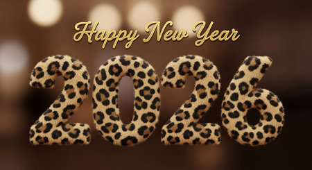 Bold 'Happy New Year 2026' numbers featuring a realistic leopard print fur texture. Each digit is adorned with distinct spots and natural fur patterns, conveying exotic and wild aesthetic. Set against a blurred, warm background, creating a festive and uniquely styled greeting.の素材