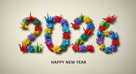 Happy new year 2026 message, formed by colorful origami cranes and stars. Each number is meticulously crafted from various bright paper folds, creating a vibrant and intricate design. Carefully arranged on a clean, light-colored surface with soft lighting, this artistic composition symbolizes hope, peace, and good fortune for the upcoming year.の素材