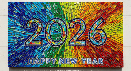 Colorful 2026 happy new year mosaic art, featuring a spectrum of radiating tiles from blue to red. This vibrant and artistic design is ideal for new year celebrations, seasonal greetings, and decorative elements, symbolizing joy and new beginnings in a visually striking way.の素材