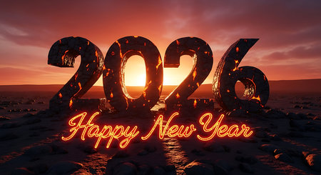 Happy new year 2026 is displayed with numbers crafted from cracked volcanic rock, illuminated by flowing lava and vibrant neon light text. Set against a desolate landscape with a dramatic sunset or sunrise, this image creates a powerful and intense new year greeting, symbolizing new beginnings emerging from strength and transformation.の素材