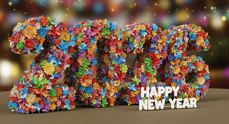 Creative happy new year 2026 greeting, numbers 2026 formed by a vibrant assortment of colorful paper flowers and small pinwheels. The playful design is set on a neutral surface with "happy new year" text, all against a blurred background filled with cheerful bokeh lights. This joyful and artistic image is perfect for diverse new year celebrations, adding a touch of cheer and natural beauty.の素材