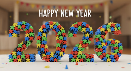 Happy new year 2026 is shown with the numbers formed by an array of colorful meeples, creating a fun and engaging visual. This design symbolizes community, board games, and playful celebrations, ideal for new year's greetings and playful holiday themes. Brightly colored figurines stand on a white surface.の素材