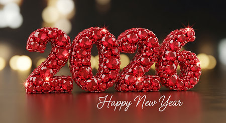 Happy new year 2026 message, sparkling with numerous red ruby gemstones. Each number is encrusted with brilliant red jewels, reflecting light and creating a glamorous effect. Sitting on a dark, reflective surface, with a blurred background of festive lights, this dazzling design symbolizes prosperity and celebration for the upcoming year.の素材