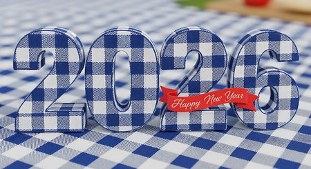 Happy new year 2026 celebration. Blue and white gingham checkered numbers create a charming and inviting atmosphere. Red ribbon banner with "Happy New Year" text adds festive touch. Picnic blanket background enhances the cozy and celebratory feel.の素材