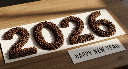 2026 happy new year text formed by aromatic roasted coffee beans arranged on a clean white background. This detailed top-view image showcases the rich texture and color of the beans, casting subtle shadows on wood table. It captures the essence of a fresh start with a favorite beverage, perfect for greeting the upcoming year.の素材
