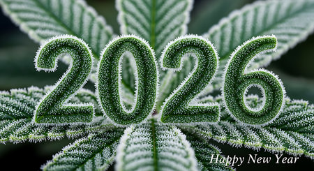 2026 happy new year, green numbers covered in glistening frost, standing on a cannabis plant leaf with visible trichomes, winter new year theme, concept of cold, growth, and natural beauty, unique festive greeting, frosty texture and vibrant green contrast, seasonal new year designの素材