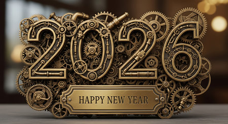 Happy new year 2026 designed in a distinctive steampunk style featuring an intricate arrangement of metal gears cogs and various industrial engineering clockwork elements. The numbers are crafted with detailed precision in elegant gold and bronze tones, showcasing fine craftsmanship. This unique design offers a sophisticated and mechanical aesthetic for a festive greeting.の素材