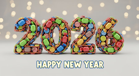 Happy new year 2026 spelled out with vibrant, colorful candies. Each number is creatively formed by an assortment of individually wrapped sweets, set against a bright bokeh background with soft, blurred lights. This whimsical and cheerful image offers a delightful greeting, perfect for conveying sweetness and joy for the upcoming year.の素材