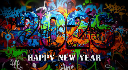 Vibrant 'Happy New Year 2026' text in a graffiti style, prominently displayed. Each letter is filled with diverse, energetic colors and intricate patterns. Text stands out against a backdrop of dynamic and layered urban graffiti art, creating a bold and lively visual statement.の素材