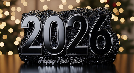 Happy new year 2026 message is presented with sleek metallic numbers resting on a dark textured rock, conveying a sense of strength and modernity. This bold design, set against a background of festive lights, is ideal for new year's greetings and strong, contemporary holiday themes. Reflective numbers contrast with rough stone.の素材