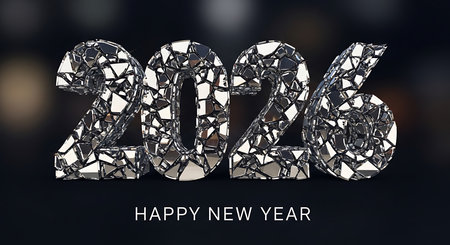 Happy new year 2026 message is displayed with numbers crafted from shattered silver metallic fragments, creating a unique and striking visual. This abstract design on a dark background offers a modern and sophisticated aesthetic, perfect for new year's greetings and contemporary celebratory themes. Reflective shards create dramatic effect.の素材