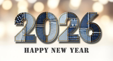 Happy new year 2026 message, crafted from various denim fabric patches. Visible stitching and textures create a unique design. This creative typography casts a soft shadow on a clean white surface with a bokeh light background, symbolizing celebration and future. A unique and stylish greeting for the upcoming year.の素材