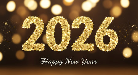 Happy new year 2026 with sparkling golden star effect. This greeting features numbers formed by numerous shining stars, set against a bright bokeh background. It evokes a sense of festivity and celebration for the upcoming year, perfect for joyful and glamorous seasonal greetings. A bright and luxurious festive design.の素材