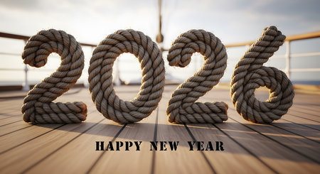 Happy new year 2026 numbers crafted from braided nautical rope, positioned on a sunlit wooden deck. The background features a blurred ocean view with warm sunlight, creating a serene maritime atmosphere. Holiday greeting card design with a robust, natural texture. Unique and adventurous numbers, perfect for a sea themed celebration. Rustic and charming illustration for the upcoming year.の素材