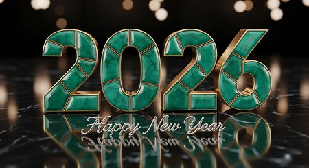 Happy new year 2026 concept, emerald green numbers, gold outline for new year celebration, polished dark marble surface, elegant reflection for annual greeting, luxurious design for calendar year, sophisticated visual for upcoming event, rich color scheme for digital card, stylish congratulatory message, classic aesthetic for new year poster, upscale atmosphere for social media banner, geometric patterns for annual date, precious stone digits, ambient bokeh lights background, refined design for corporate announcement, glamorous display for web advertisement, exquisite visual for special occasion.の素材