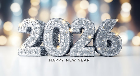Happy new year 2026 concept, silver sparkling numbers for annual celebration, glitter numbers for festive greeting card, bright bokeh background for party invitation, shiny metallic digits for upcoming year, holiday season design element, sparkle effect for luxury event, clean white surface display, congratulatory message for calendar year, brilliant visual for social media post, elegant design for corporate announcement, shimmering texture for digital banner, festive atmosphere for desktop wallpaper, luxurious visual for web advertisement, abstract light backdrop for special occasion.の素材