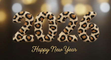 Happy new year 2026 greeting. Numbers 2026 covered in a stylish leopard print fur texture. Dark, blurred bokeh lights in the background create a warm and sophisticated atmosphere. A chic and bold design for new year wishes, 3d illustration.の素材