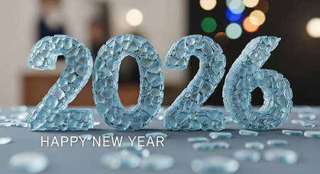 Happy new year 2026 concept, numbers crafted from clear blue pebbles, icy texture for new year celebration, cool-toned surface background, fresh start theme for annual greeting, tranquil design for calendar year, water droplet elements, transparent stone digits, clean aesthetic for upcoming event, serene visual for digital card, textured blue numbers, abstract pebble pattern, natural elements for seasonal design, modern congratulatory message, calm atmosphere for new year poster, cool colors for social media banner, unique material for annual date, crystal clear digits.の素材