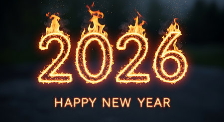 Happy new year 2026 with an intense fiery effect. The numbers are engulfed in realistic flames, creating a powerful and dynamic visual against a dark, dramatic background. Evokes strength and excitement for the new year, perfect for bold and impactful designs.の素材