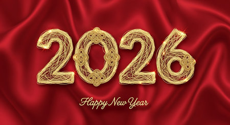 Happy new year 2026 concept, featuring elegant golden glittering numbers made of abstract gold wire art and traditional knots, set against a backdrop of rich, luxurious red satin silk fabric. This festive and opulent design symbolizes celebration, prosperity, and joy for the upcoming year, ideal for greeting cards and seasonal decorations.の素材